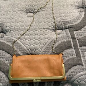 Elegant Tan Leather Clutch with Gold Chain